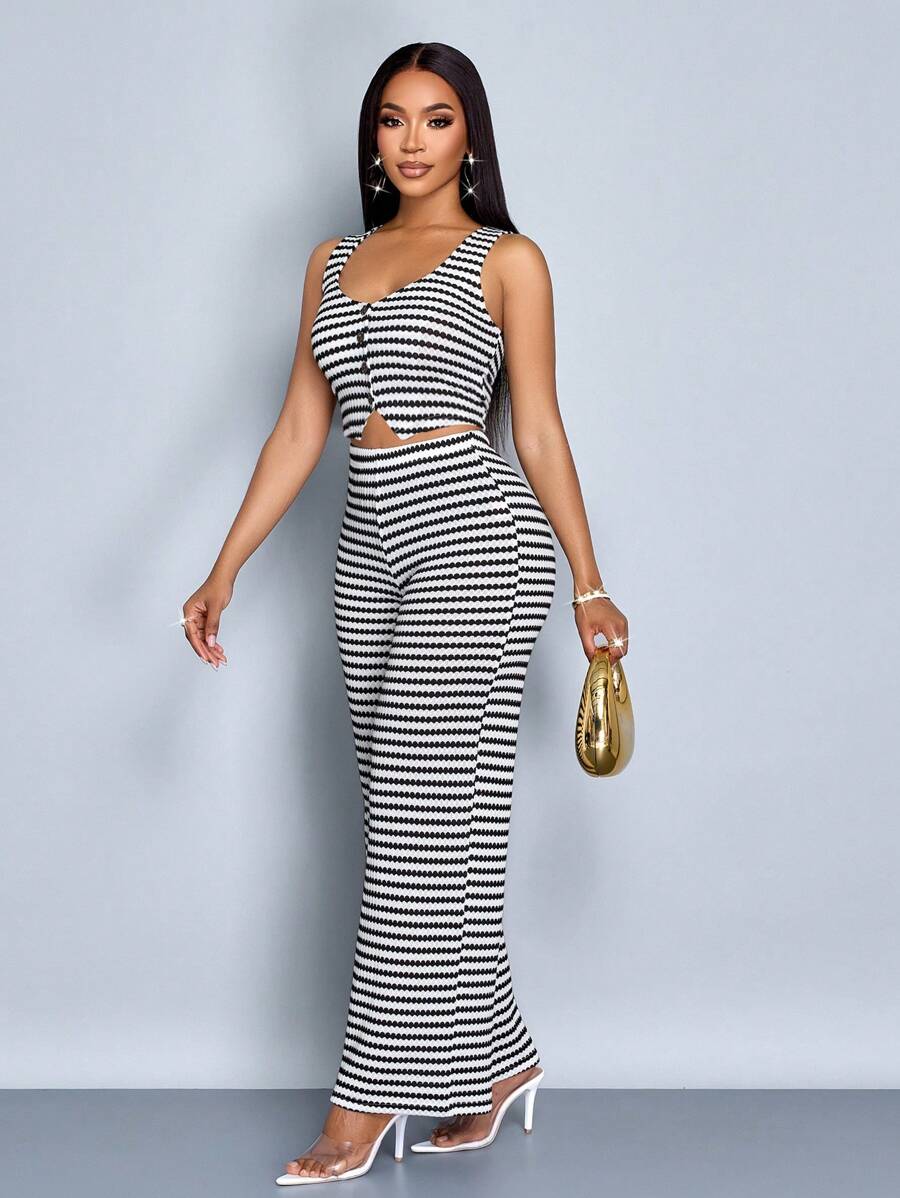 SOLERSUN Women Striped Striped Sleeveless V-Neck Front Button Vest And Pants Set - Black and White - View 1
