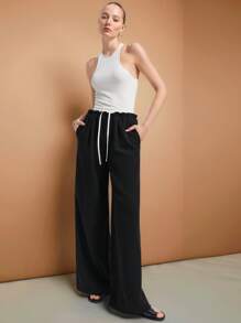 Ontre 2025 新款休闲裤，都市通勤风格黑色裤子，配撞色白色腰带，女士日常休闲裤