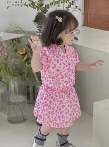 Set de 2 piezas Conjunto de chaqueta cortavientos de leopardo de doble botonadura elegante y minifalda para niña bebé, adecuado para paseos en primavera/verano - Rosa - Ver 1