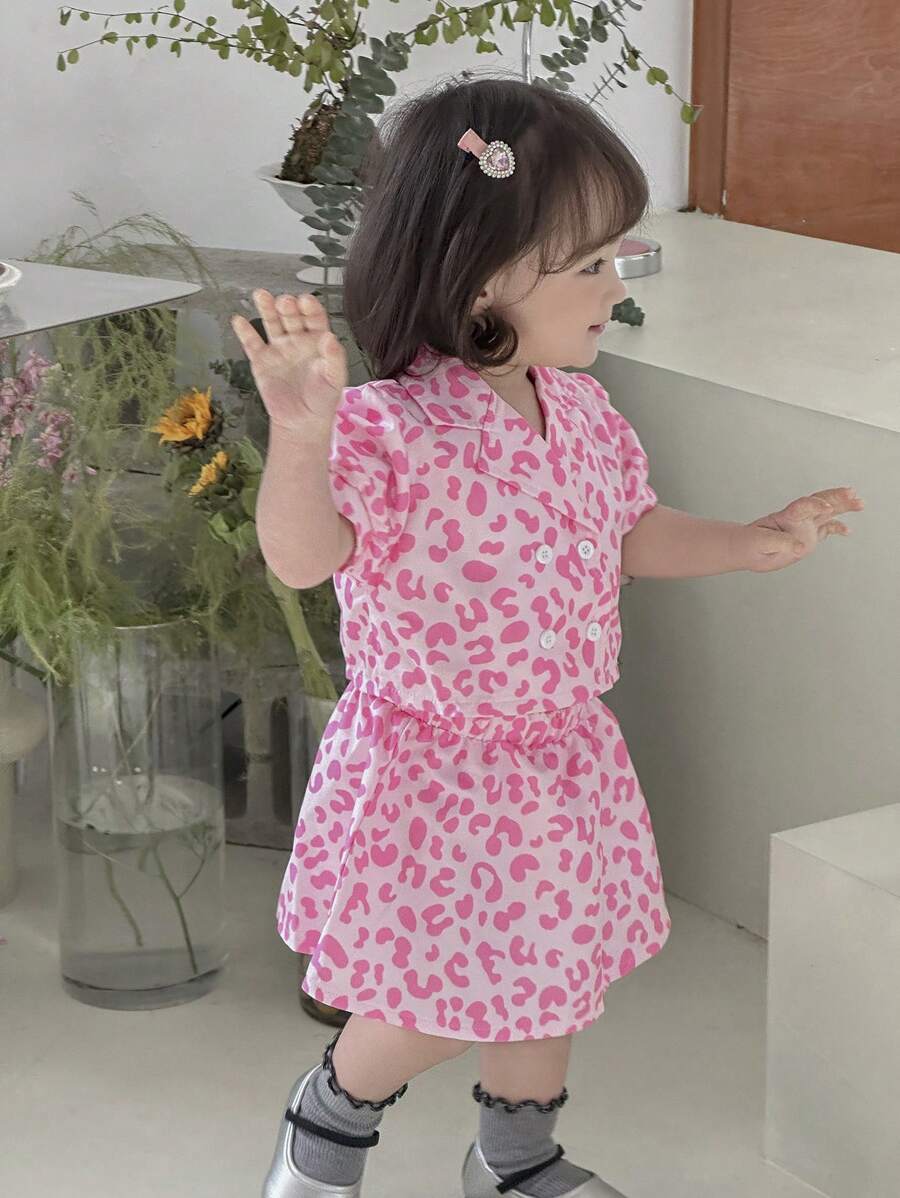 Set de 2 piezas Conjunto de chaqueta cortavientos de leopardo de doble botonadura elegante y minifalda para niña bebé, adecuado para paseos en primavera/verano - Rosa - Ver 1