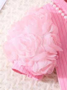 Young Girl' Solid Color Ribbed 3D Flower Decor Short Sleeve Casual Dress With Matching 3D Flower Handbag - Pink - View 8