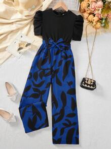 SHEIN LUNE SHEINLUNE Plus Size Women's Princess Sleeve Tie Waist Straight Leg Wide Leg Black&Pink Floral Jumpsuit, Old Money,Summer Outfits For Women, Old Money, Spring Break Outfits , Modesty Clothes Women Summer Boho Old Money Summer Outfits For Women Spring Break Rave Outfits Festival Spring Break Outfits - Royal Blue - View 6