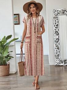 EMERY ROSE Women's Vacation Geometric Print Round Neck Batwing Short Sleeve Dress