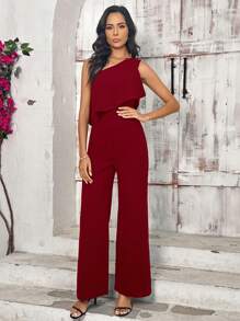 SHEIN Clasi Women's Solid Color Ruffle Trim Sleeveless Asymmetric Neck Jumpsuit, Resort Wear - Burgundy - View 3