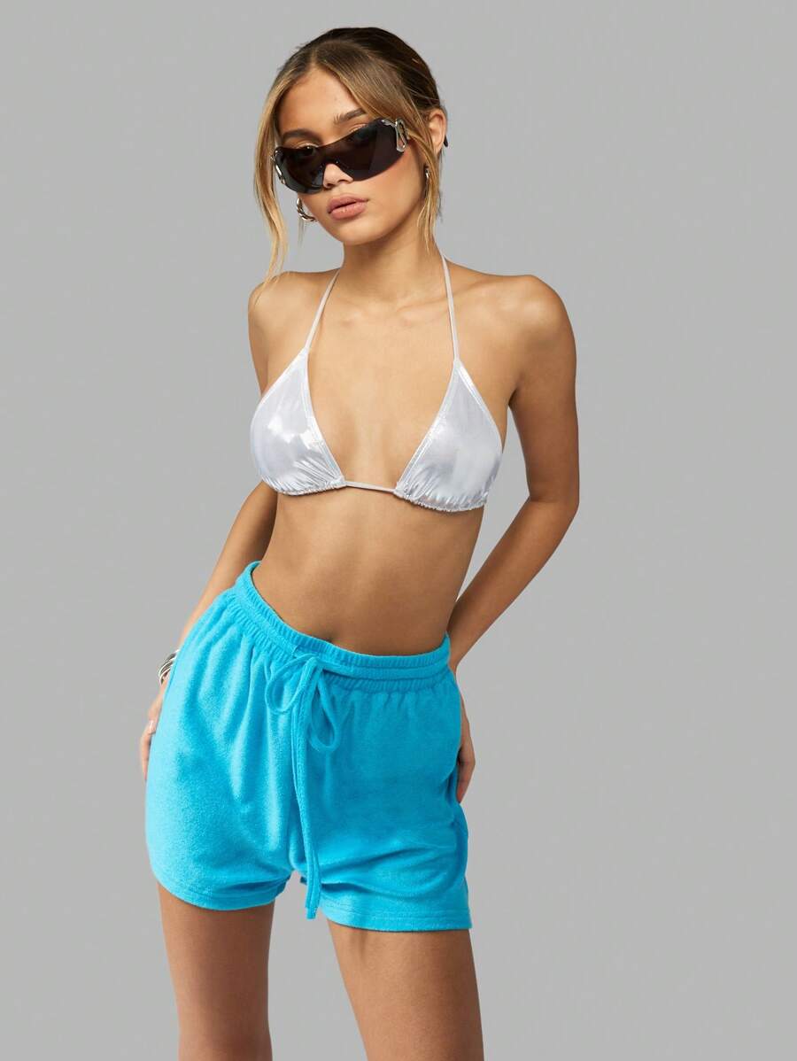 MISSGUIDED Towelling Terry Cloth Athletic Drawstring Lounge Shorts Casual Summer Beach Pool Gym Workout Travel Resort Comfort Wear - Blue - View 1