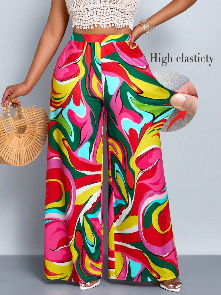 SOLERSUN 大码女式时尚液体波纹艺术图案阔腿裤，海滩度假，海滨度假，返校季，休闲，宽松阔腿裤，波西米亚风 - 紅色 - 查看 1