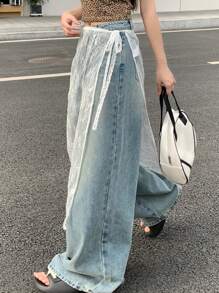 DAZY 女士蕾丝中长系带休闲裙，百搭优雅的秋季半身裙 - 白色 - 查看 6