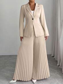 Elenzga Ensemble femme grande taille composé d'une veste à col cranté à manches longues de couleur unie mouchetée et d'un pantalon évasé plissé