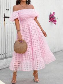 Breezaya Plus Size Women's Elegant French Waist Cinched Off Shoulder Puff Sleeve Puffy A-Line Dress