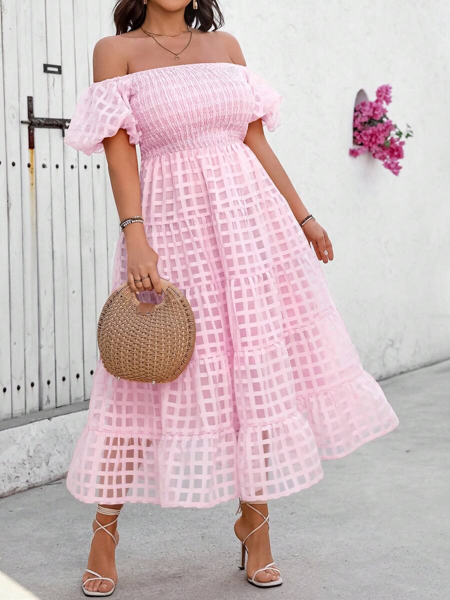 Breezaya Plus Size Women's Elegant French Waist Cinched Off Shoulder Puff Sleeve Puffy A-Line Dress