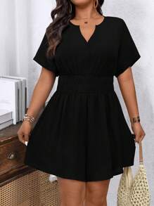 EMERY ROSE 大码女式纯色 V 领短袖腰部褶皱连体裤 - 黑色 - 查看 6