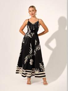 SHEIN Clasi Women's Fashion Summer Split Strap Digital Print Casual Dress - Black - View 5