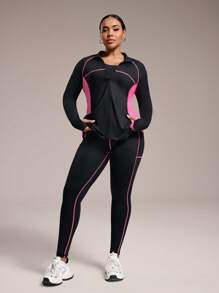 Rhythm Era Conjunto deportivo de talla grande con bloqueo de color, manga larga y pantalones para mujeres