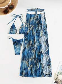SHEIN 3 Completi da spiaggia/estivi da donna, inclusi slip del bikini con stampa marmorizzata, gonna con spacco alto e abito da spiaggia con accessori metallici