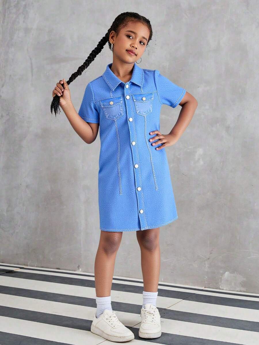 Kleid in Denim-Optik für Tween Mädchens, Frühling/Sommer, neues Design, digital bedruckt, Denim-Optik, kurzärmlig, lässig-schick, passendes Geschwister-Outfit im Street-Fashion-Stil - Verschiedenfarbig - Übersicht 1