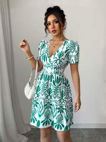 Elenzga Đầm ôm body mini in họa tiết xếp ly dành cho nữ - màu xanh lá - Xem 4