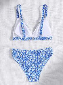 SHEIN Tween 女童蓝色碎花吊带比基尼海滩度假泳装套装