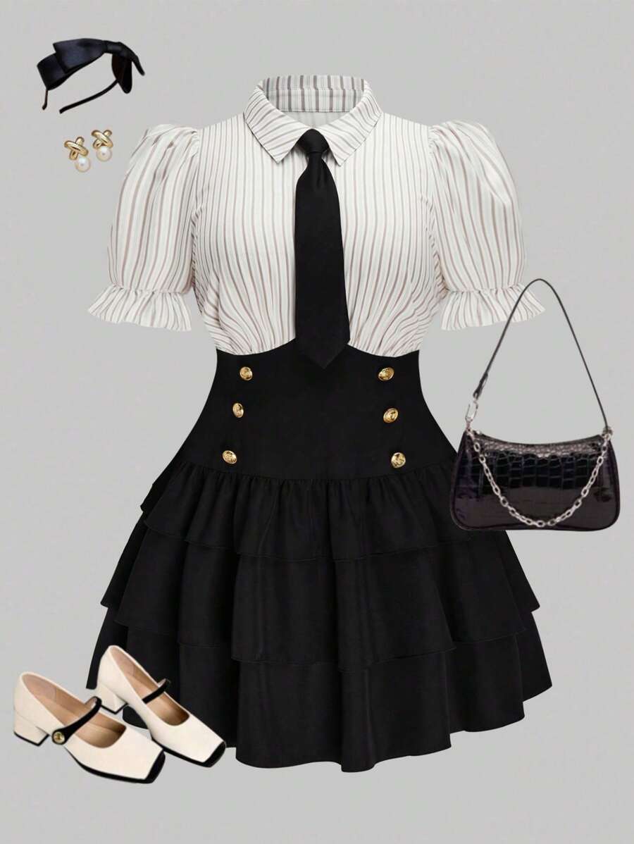 Sweetra Plus Size Striped Patchwork 2 In 1 V-Neck Ruffle Hem A-Line Dress, College Style For Date, Party, Events