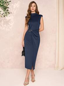 SHEIN Clasi Vestido ceñido con cuello alto, hombros acolchados y decoración metálica - Azul Marino - Ver 5