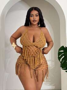 Slaydiva Plus Size Women Casual Fringed Hollow Out Camisole & Hollow Out Fringed Triangle Panty 2pcs Set, Suitable For Beach Vacation In Fall/Winter - Khaki - View 6