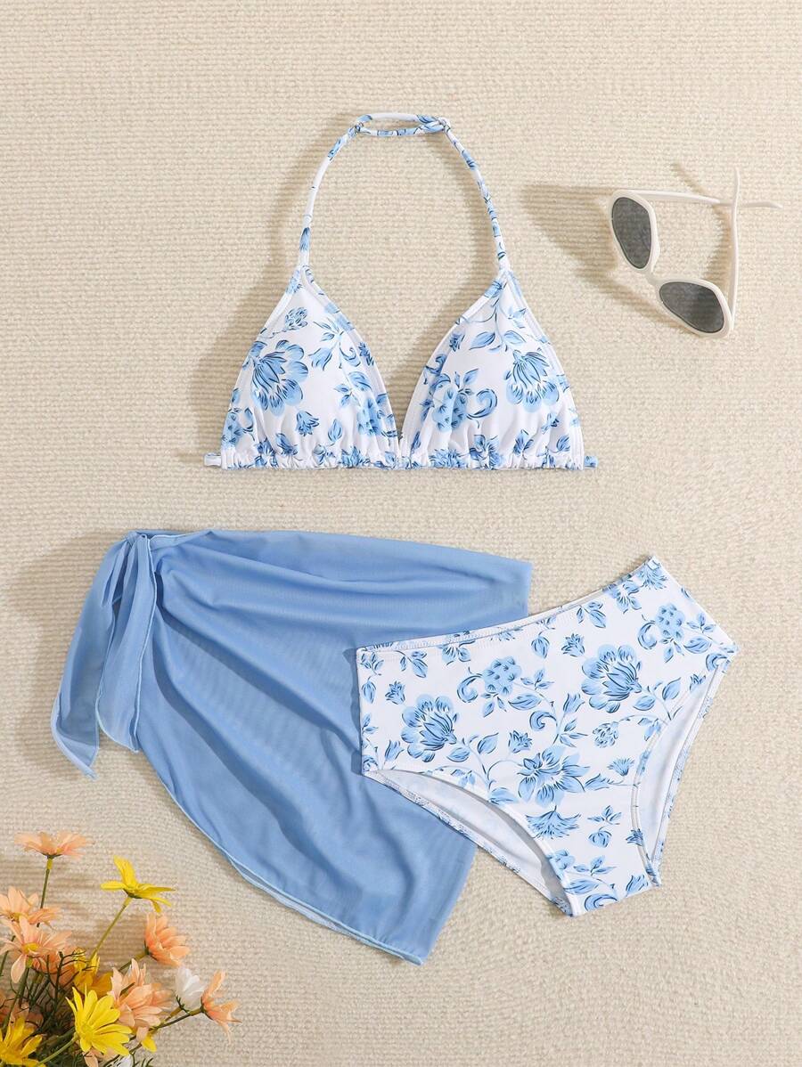 SHEIN Girls' Cute Printed Triangle Top And Skirt Bikini Set (Ditsy Floral Random) - Blue - View 1