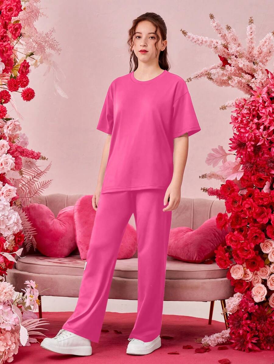 2pcs Teen Girl Basic Black Short Sleeve Top And Pants Set - Hot Pink - View 1