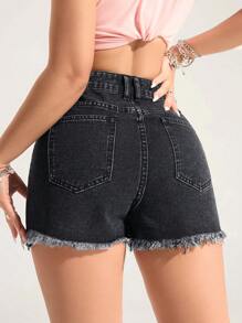 SHEIN EZwear Women's Summer Fashion Rhinestone Frayed Hem Denim Shorts