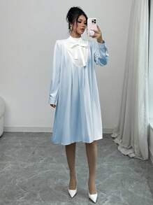 Elenzga Women Solid Color Lace-Up Sleeve Elegant Dress - Mint Blue - View 3