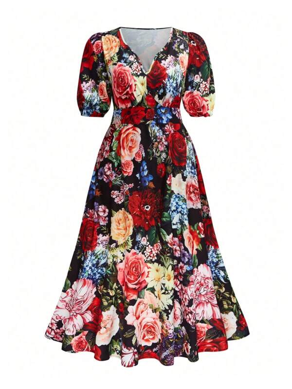 SHEIN Clasi Plus Size Women Vintage Romantic Floral Print Dress, Valentine's Day