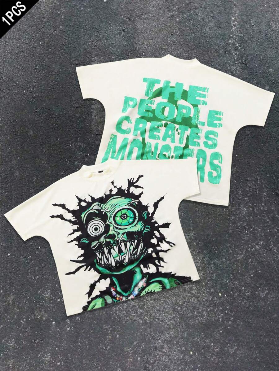 Manfinity Roghcode Manfinity Streetrush Men Big Eye Monster Graphic Oversized T-Shirt,High Collar Loose Halloween Short Sleeve,Beige,Summer,Streetwear,City Break,Rapper - Multicolor - View 1