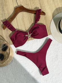 Swim Chiccia 女士夏季沙滩两件套纯色荷叶边肩带高开叉金属装饰比基尼度假泳装 - 酒紅色 - 查看 1