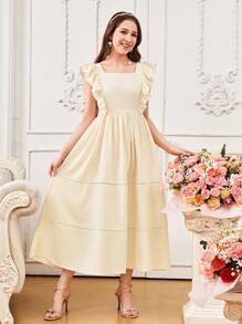 优雅度假风格荷叶边领中长连衣裙，适合少女、通勤装、度假装、夏季装、旅行装