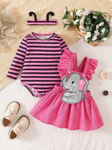 SHEIN Baby Girl Spring&Autumn Cute Style ,Interlocking Bobysuit &Bee Pattern Dress Give Headband - Hot Pink - View 7