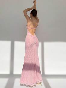 Aloruh 粉色蕾丝性感露背吊带背心连衣裙 - 粉色 - 查看 2