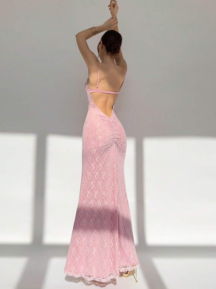 Aloruh Vestido camisero sexy con espalda descubierta de encaje rosa - Rosa - Añade 1