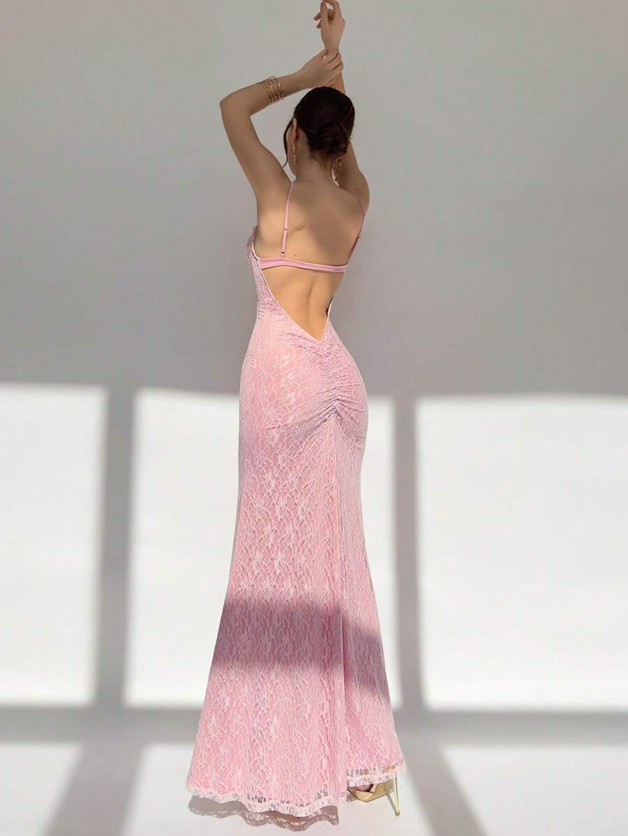 Aloruh 粉色蕾丝性感露背吊带背心连衣裙