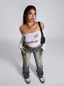 SHEIN ICON Plus Size Women Distressed Cargo Pocket Flare Leg Casual Jeans