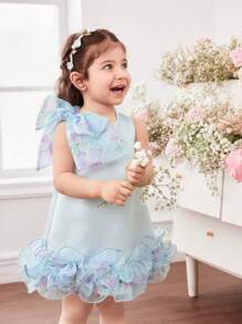 Toddler Girls' Cute Elegant Floral Organza Sleeveless Dress, Light Blue - Blue - View 1