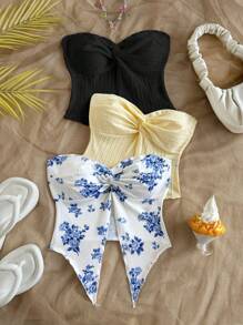 Soleia 女士度假蓝色碎花、浅黄色纹理、白色抹胸多件装、Rave 上衣、抹胸 - 彩色 - 查看 6