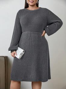 EURMUSE Plus Size Crew Neck Solid Color Ribbed Knit Casual Long Sleeve Sweater Dress, For Winter - Dark Grey - View 6