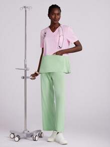 TaskEZ Women Summer Contrast V-Neck Short Sleeve Scrub Sets,Rennaissance,Workwear Nurse Doctor Uniform Top & Straight Leg Pants With Belt Waist Pockets - Pink - View 8