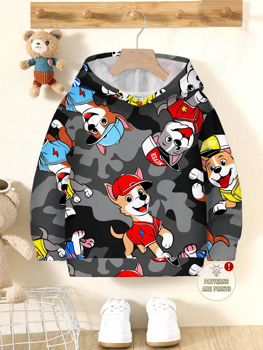 SHEIN 年轻男孩休闲简约卡通狗图案宽松简约日常舒适针织长袖连帽运动衫，适合秋冬季