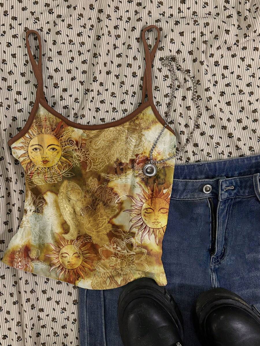 Attitoon Hippie Apollo Sun Color Block Retro Pattern Casual Sexy Cami Crop Top, Suitable For Music Festival, Boho, Holiday, Afternoon Tea,Rave Top Suitable For Going Out - Multicolor - View 1