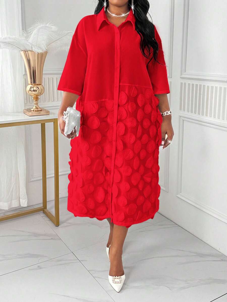SHEIN Lady Plus Size Solid Color Long Sleeve Casual Dress, Suitable For Summer - Red - View 1