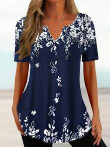 Damen Lässig T-Shirt mit Blume Muster und Revers-Ausschnitt für den Sommer