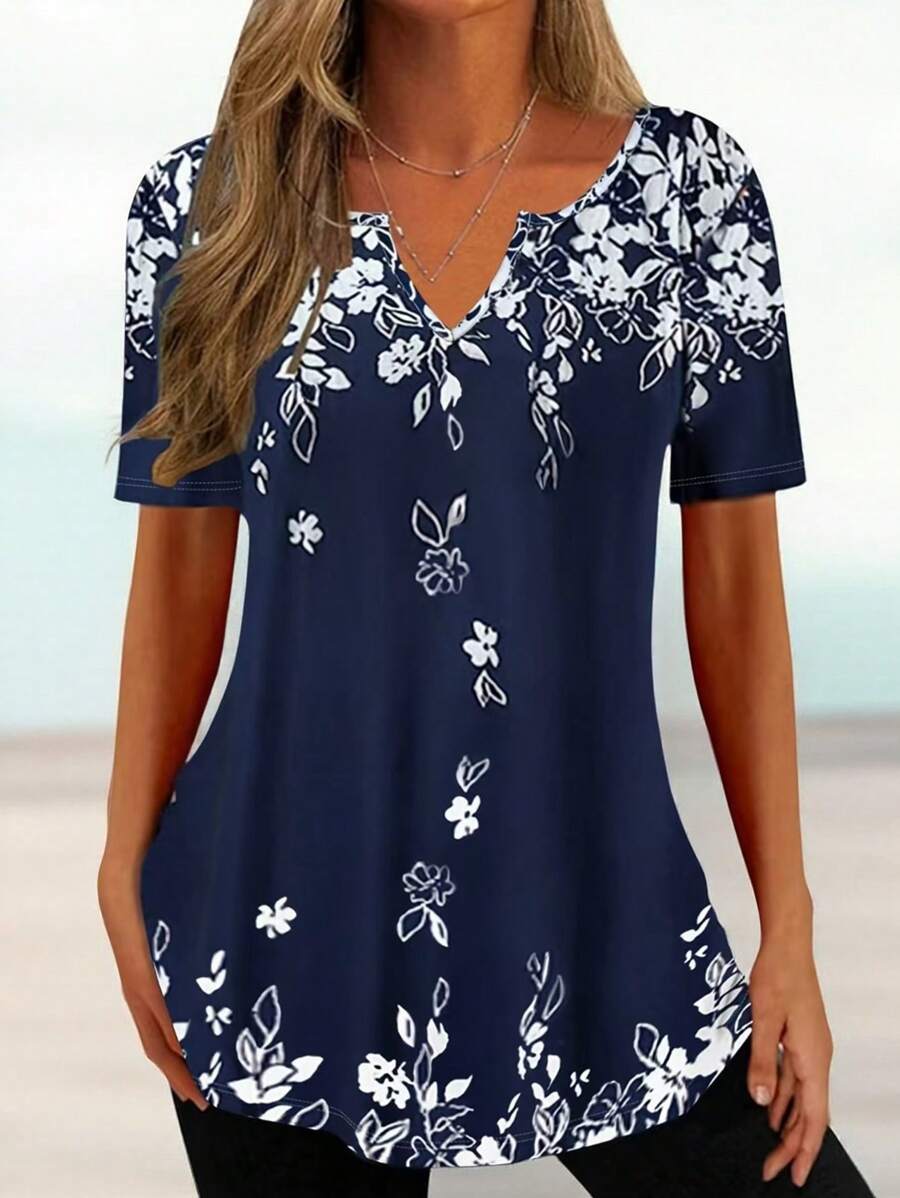 Damen Lässig T-Shirt mit Blume Muster und Revers-Ausschnitt für den Sommer