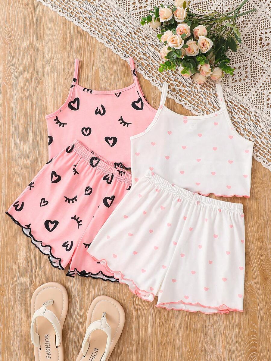 SHEIN Leap Crew Bộ đồ ngủ dệt kim 4 món/bộ in họa tiết dễ thương cho bé gái mùa hè - Màu Hồng baby - Xem 1