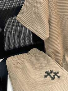 2pcs Tween Boys Casual Versatile Textured Mesh Fabric Round Neck Shorts Set, Suitable For Commuting, School, Daily Casual Wear, Sports, Spring/Summer - Khaki - View 4