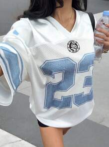 SHEIN EZwear Women Satin Printed Mesh Letter Short Sleeve Casual T-Shirt