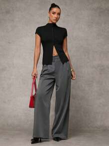 SHEIN BAE Women's Fall Women Solid Color Mock Neck Top Capped Sleeve Single-Breasted Casual Women Top, Button Up Women Jersey Top - Black - View 4